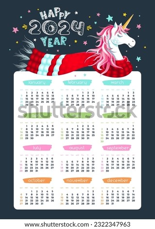 Cute 2024 year calendar with unicorn, scarf and stars on black background. Lettering "Happy 2024 Year". Cartoon character. Childish Vertical vector organizer.