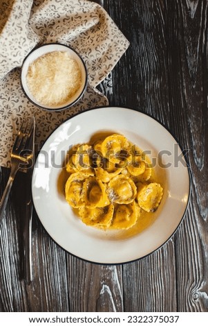 Italian food, menu, cozy kitchen in dark colors, food photography. Atmosphere of Italy.