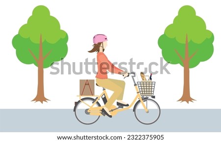 Illustration of a woman wearing a helmet riding an electric assist bicycle and doing shopping.