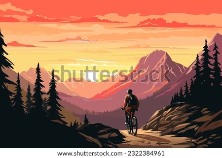 Mountain biking landscape flat vector art illustration, retro vintage poster, cartoon colorful flat vector illustration.