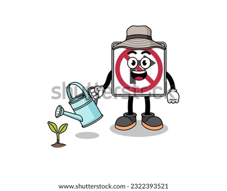 Illustration of no right turn road sign cartoon watering the plant , character design