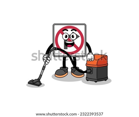 Character mascot of no right turn road sign holding vacuum cleaner , character design