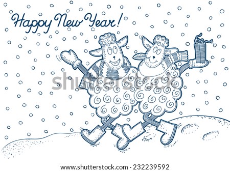 Happy New Year! Vector background of two cut sheepes  at doodle, style 