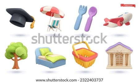 Map pointers, 3d vector cartoon icon set. Graduation hat, beach umbrella, fork and spoon, airplane, tree, bed, shopping basket, building Royalty-Free Stock Photo #2322403737