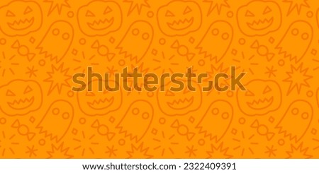 Happy halloween party seamless pattern. Funny cartoon line doodle background illustration of scary autumn celebration decoration and childish shapes.	