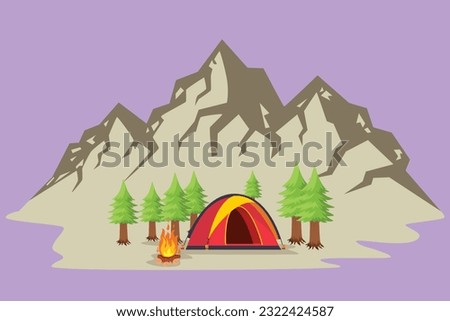 Cartoon flat style drawing summer camping day and sunset poster, logo. Banners with mountains, trees, tent and campfire. Climbing, hiking, holiday, trekking sports. Graphic design vector illustration