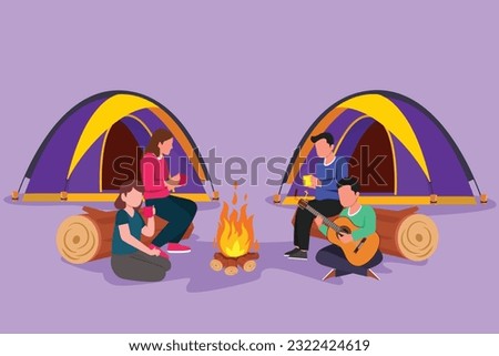 Graphic flat drawing of two couple camping around campfire tents. Group of people sitting on ground, drinking hot tea, man playing guitar, getting warm near bonfire. Cartoon style vector illustration