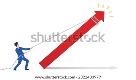 Illustration of a man pulling up an arrow, up concept image, vector