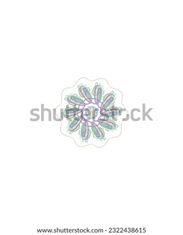 Blue, yellow, gold, brown purple, colorful mandala pattern outline with brush stroke, line, curve, rounded shaped geometric pattern on white isolated background. Flower, creative, art design. 