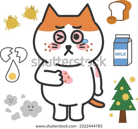 Orange tabby cartoon cat has various allergic reactions, vector illustration.