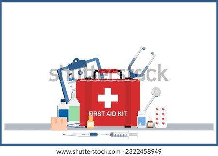 Vector illustrations of First aid kit.Box with medicine equipment and treatment for emergency.gauze,elastic bandages,stethoscope,digital thermometer with syringe,antibiotic,antiseptic.flat style. Royalty-Free Stock Photo #2322458949