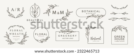 Logo templates with hand drawn branches and leaves in line art. Elegant vector floral frame, wreath for label, corporate identity, wedding invitation, save the date
