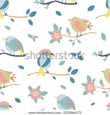 Seamless vector pattern with cute spring birds