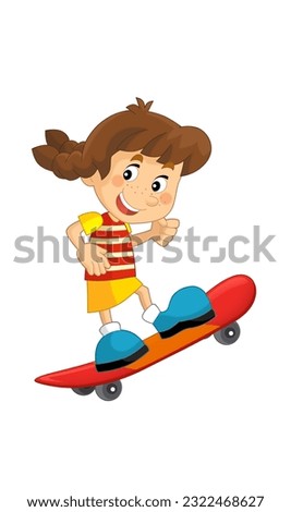 cartoon scene with girl on a skateboard training learning isolated illustation for children