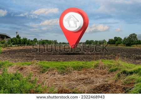 House symbol with location pin icon on empty dry cracked swamp reclamation soil in real estate sale or property investment concept, Buying new home for family - 3d illustration of big advertising sign