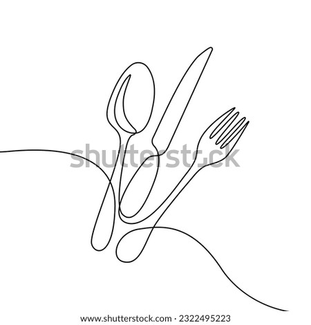 Continuous One Line Drawing. Spoons, Forks, Knife, Eating Utensils. Cooking Utensils Line Art Style for Logos, Business Cards, Banners. Black and White Minimalist Vector illustration 