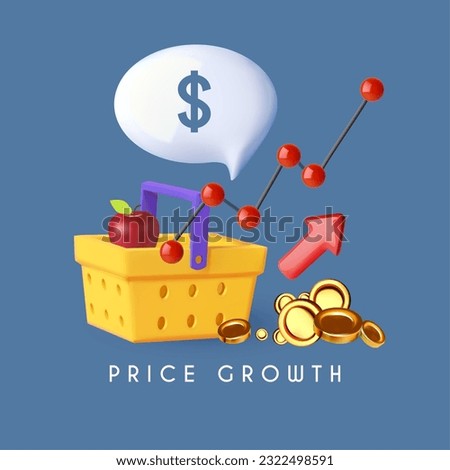 Rising cost of goods. Shopping cart with money, graph and up arrow