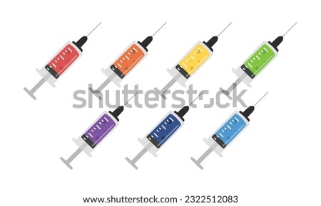 Syringe clipart cartoon style. Multicolor medical syringe with needle flat vector set illustration hand drawn doodle style. Hospital, medical, vaccination concept Royalty-Free Stock Photo #2322512083