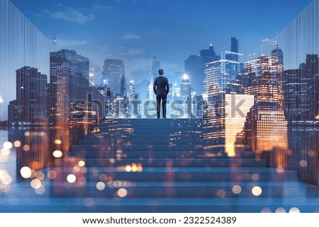 Businessman climbed the stairs, double exposure with New York office buildings at night. Concept of business achievement, goal and leadership