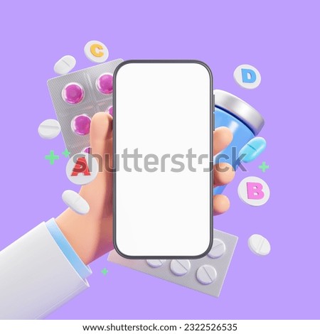 3d rendering. Cartoon character doctor hand with mock up smartphone, drugs and pills with vitamins flying. Concept of online pharmacy, mobile app and purchase. 3D rendering illustration