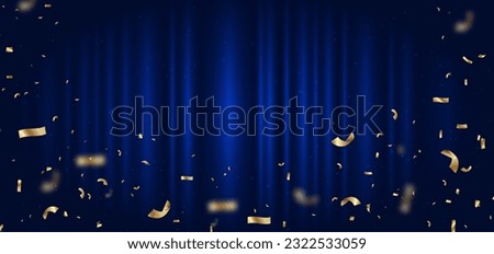 Blue curtain background. Golden confetti banner and ribbon on white background. Celebration grand openning party happy concept. Vector illustration Royalty-Free Stock Photo #2322533059