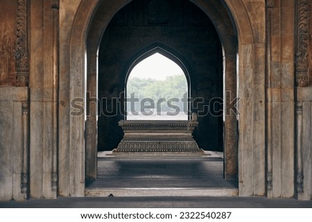 Tomb of Safdar Jang mausoleum in New Delhi, India, ancient indian marble grave of Nawab Safdarjung, mystical mysterious atmosphere of indian architecture tomb of prime minister of Mughal Empire Royalty-Free Stock Photo #2322540287