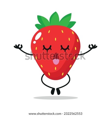 Cute relax strawberry character. Funny yoga strawberry cartoon emoticon in flat style. Fruit emoji meditation vector illustration