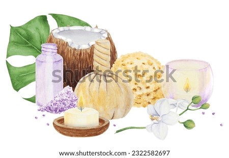Tropical spa and bathroom accessories. Watercolor hand drawn illustration for spa salon and wellness center: salt, sponge, massage bag, bottle, candle. Clipart for fashion, beauty, cosmetics prints