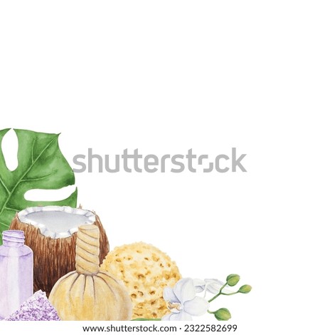 Tropical spa and bathroom accessories with orchid. Watercolor hand drawn illustration for spa salon and wellness center: salt, sponge, massage bag, bottle. Clipart for fashion, beauty, cosmetic prints