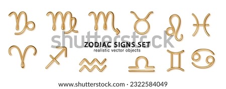 Zodiac gold signs with set with shadow. Luxury realistic 3d signs set for astrology horoscope predictions. Vector Royalty-Free Stock Photo #2322584049