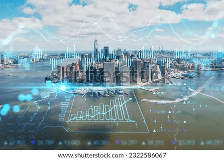 Aerial panoramic helicopter city view on Lower Manhattan district and financial Downtown, New York, USA. Forex graph hologram. The concept of internet trading, brokerage and fundamental analysis