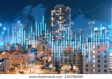 Skyscrapers Cityscape Downtown View, Los Angeles Skyline Buildings. Beautiful Real Estate. Night time. Forex Financial graph and chart hologram. Business education concept.