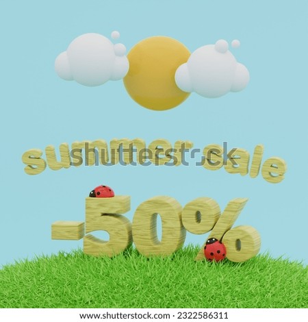 Concept seasonal discounts -50% in cartoon style.Summer sale.3d render.