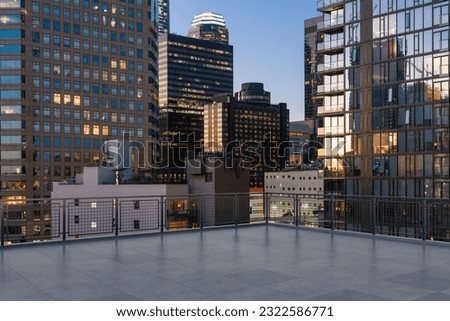 Skyscrapers Cityscape Downtown, Los Angeles Skyline Buildings. Beautiful Real Estate. Night time. Empty rooftop View. Success concept. Royalty-Free Stock Photo #2322586771