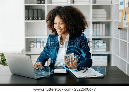 African Woman using chat bot in smartphone intelligence Ai. Chat with AI Artificial Intelligence, developed by OpenAI generate. robot in online system. in modern office
