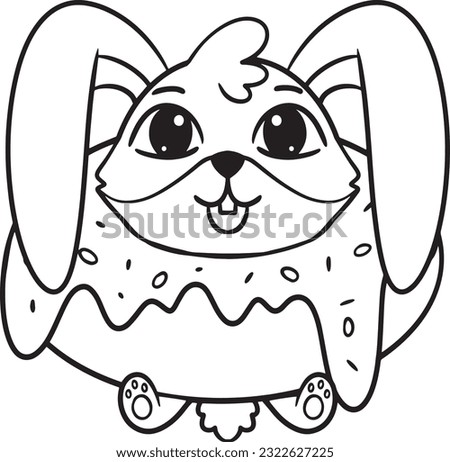 Hand made rabbit on donut coloring page for kids, cartoon style, vector outline, line art