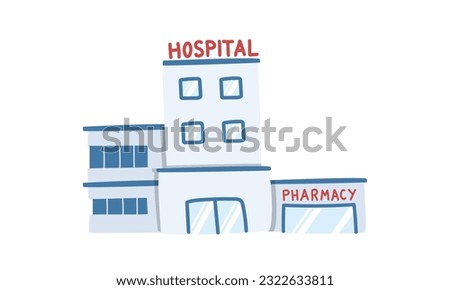 Hospital building clipart cartoon style. Simple cute hospital building with the pharmacy next to flat vector illustration hand drawn doodle style. Hospital and medical concept