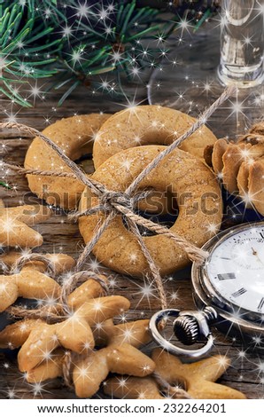 Christmas cookies and vintage clock.