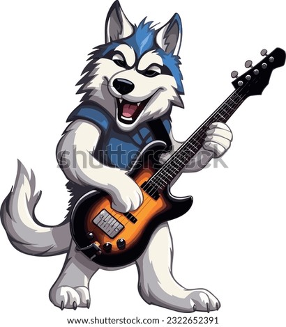 Cool wolf play electric guitar sticker, white background