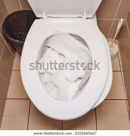 The office toilet experienced a blockage due to excessive use of toilet paper, requiring immediate unclogging and cleaning to maintain hygiene standards Royalty-Free Stock Photo #2322685667