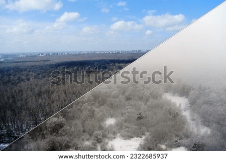 Winter forest with snow trees before and after the autumn weather. Snow blizzard and clear fall weather.