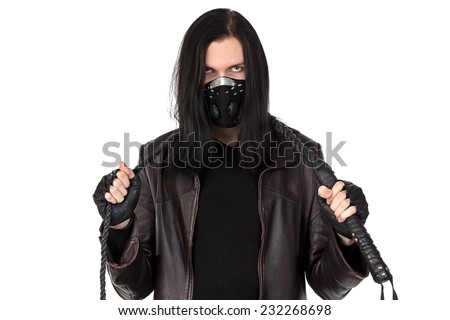 Photo of the young man with the whip in mask on white background