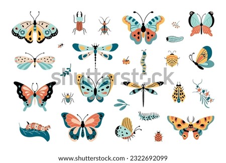 Isolated insects, butterfly and caterpillars. Beetle garden, funny decorative butterflies. Nature wildlife elements, bug nowaday vector clipart