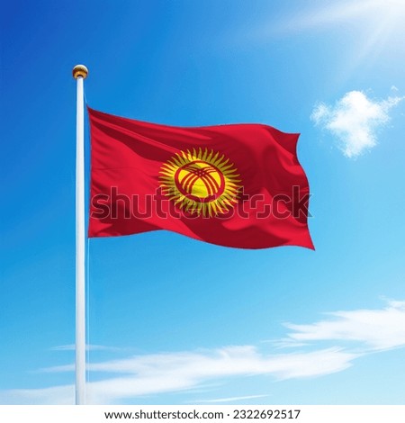 Waving flag of Kyrgyzstan on flagpole with sky background. Template for independence day