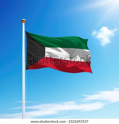 Waving flag of Kuwait on flagpole with sky background. Template for independence day Royalty-Free Stock Photo #2322692537