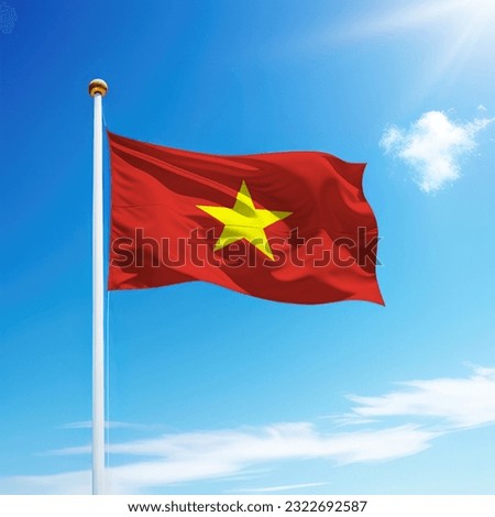 Waving flag of Vietnam on flagpole with sky background. Template for independence day