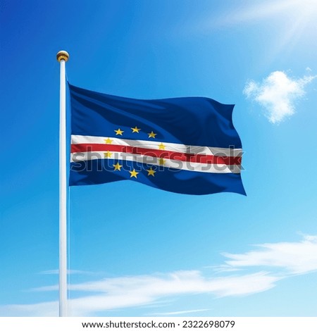 Waving flag of Cape Verde on flagpole with sky background. Template for independence day