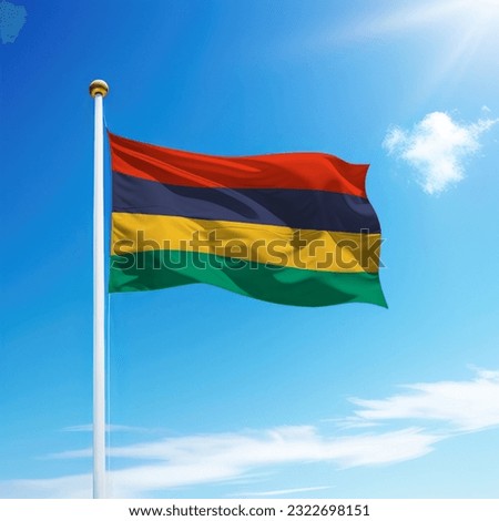 Waving flag of Mauritius on flagpole with sky background. Template for independence day