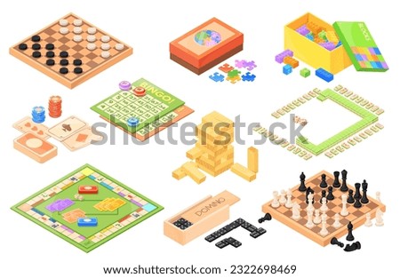 Isometric board games. Various boardgames collection, miniature strategy table game for family fun playing checker chess bingo money card mahjong dice, set neat vector illustration Royalty-Free Stock Photo #2322698469