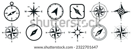 Compass set icons, navigation equipment sign, flat nautical chart wind rose icon, north, east, south, west, compass symbol collection, geographical position – for stock Royalty-Free Stock Photo #2322701647